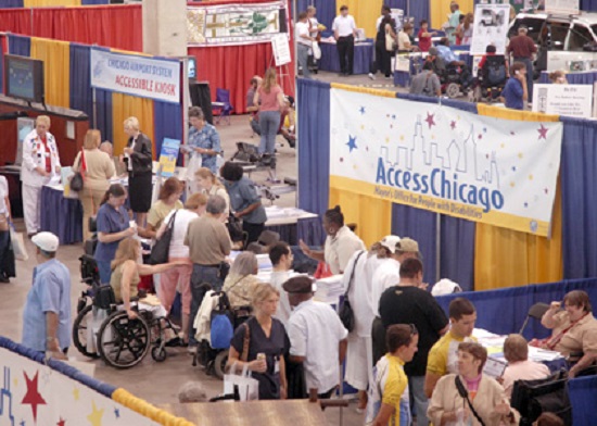 Overhead view of several vendors with crowd and access chicago banner in background