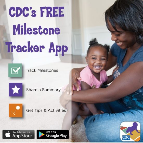 Mother holding child in her lap with information about CDC's free Milestone Tracker App