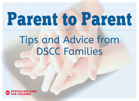 DSCC logo, image of hands representing parent-to-parent support