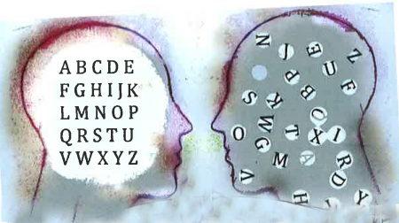 Two heads with one head with scrambled letters to visualize dyslexia