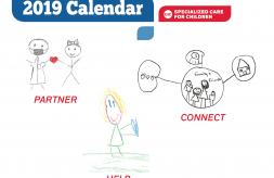 DSCC 2019 promotional calendar cover featuring three stick figure children's drawings