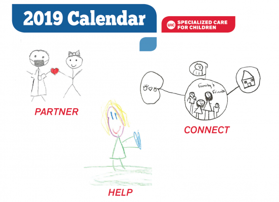 DSCC 2019 promotional calendar cover featuring three stick figure children's drawings