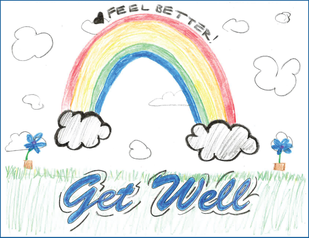 Drawing of a rainbow with the text, "Feel better"