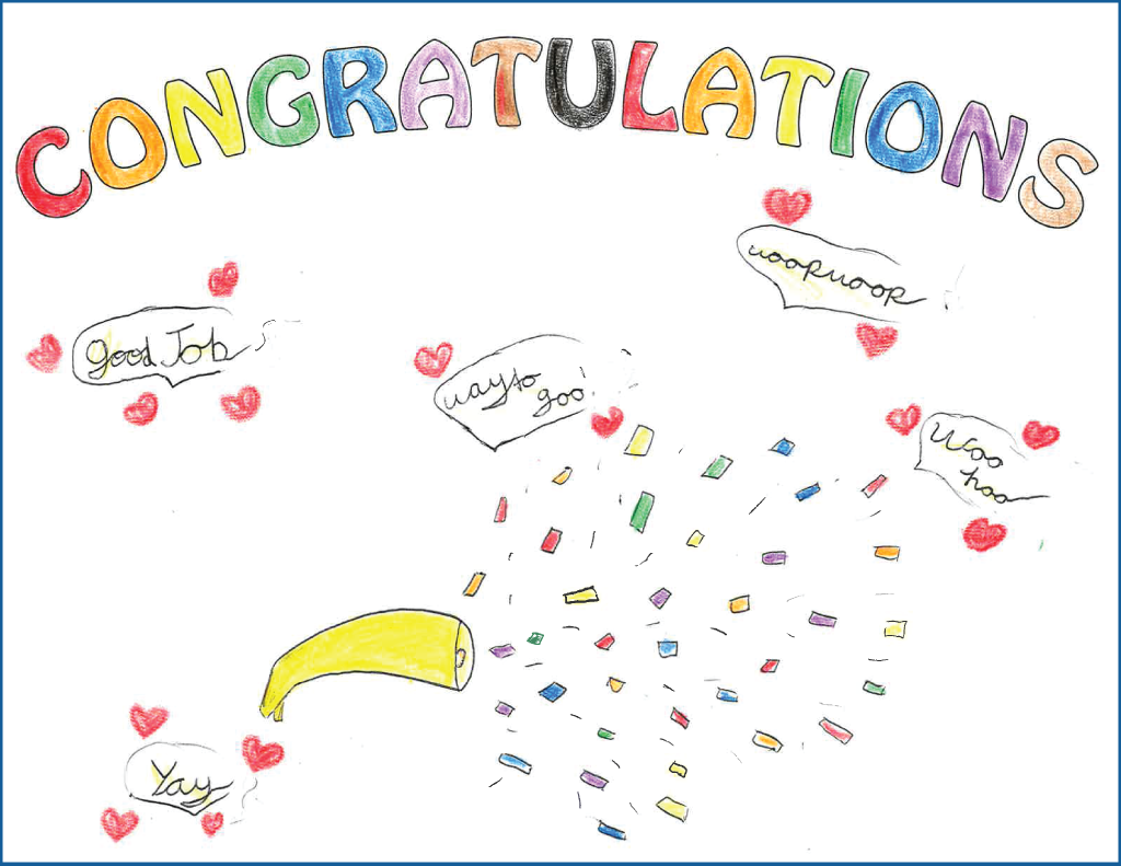 Child's drawing of a celebratory horn and confetti