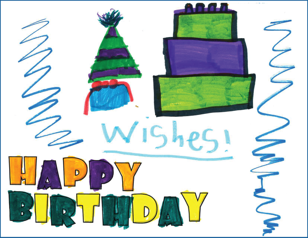 Drawing of a birthday cake, party hat and birthday present with the text, "wishes"