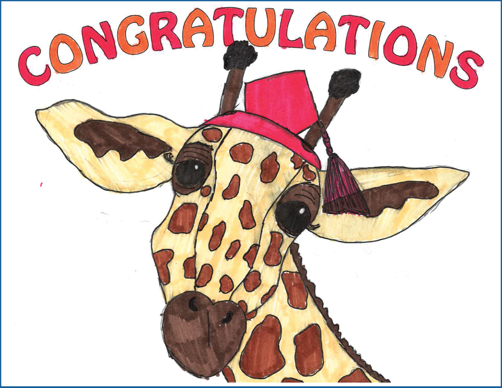 Drawing of a giraffe wearing a graduation cap