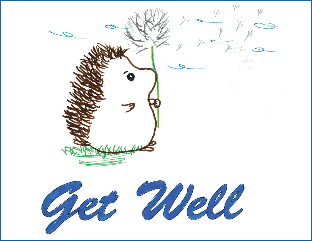 drawing of a hedgehog holding a dandelion