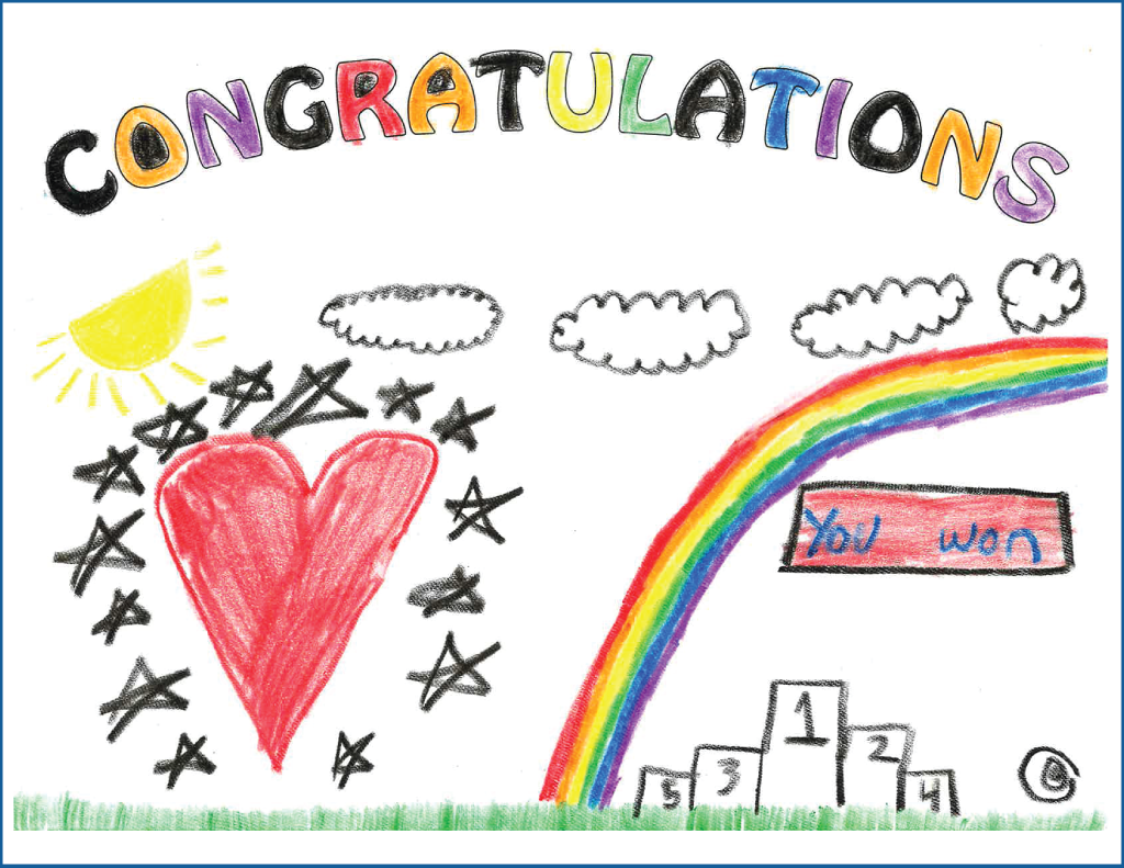 Drawing of a heart, rainbow and winner's podium