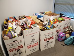 Boxes of toys that DSCC's Mokena Regional Office collected through Toys for Tots.