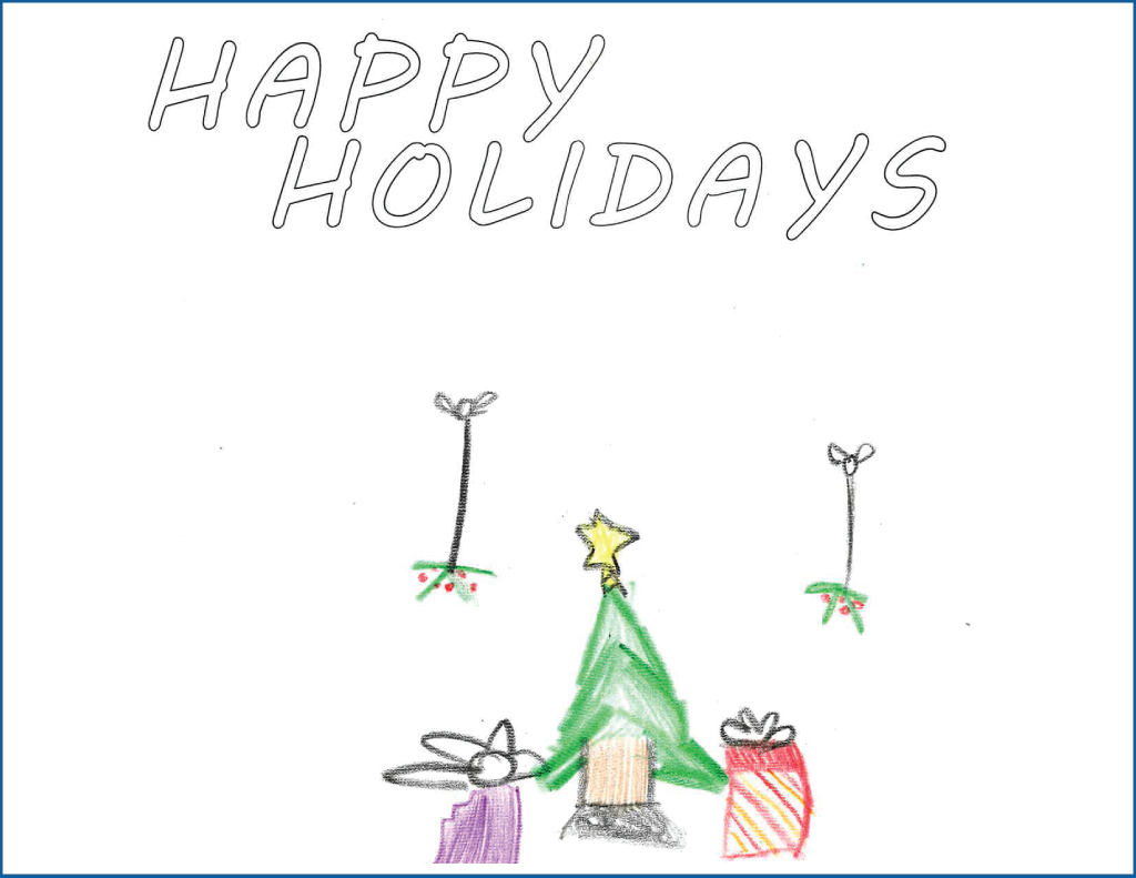 Drawing of a Christmas tree surrounded by presents and mistletoe 