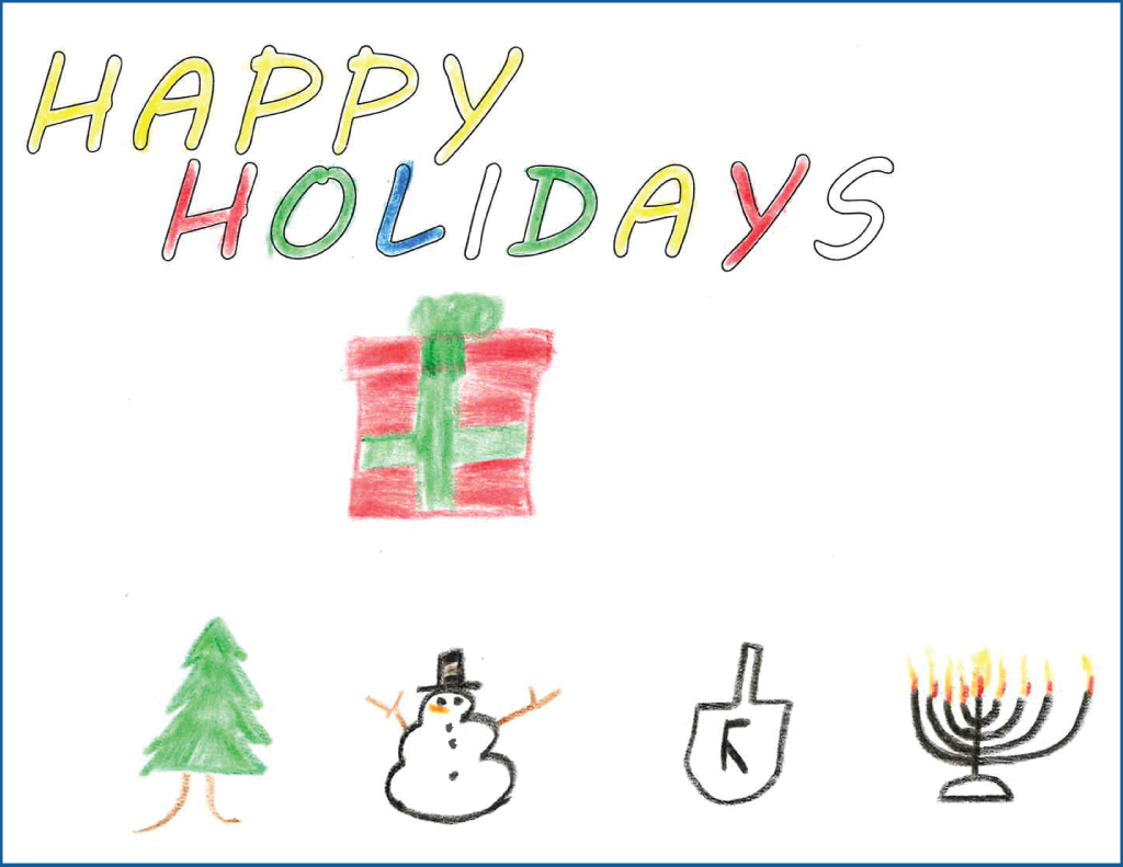 Drawing of a present, Christmas tree, snowman, dreidel and menorah