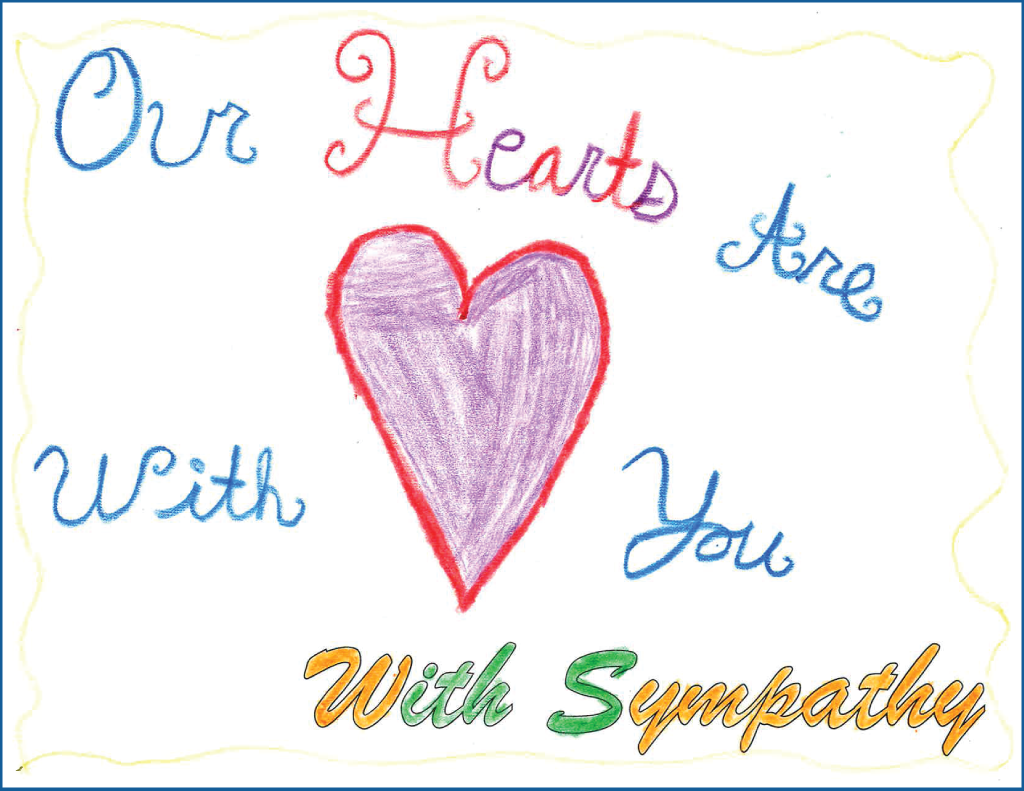 Drawing of a heart with the text "Our hearts are with you"