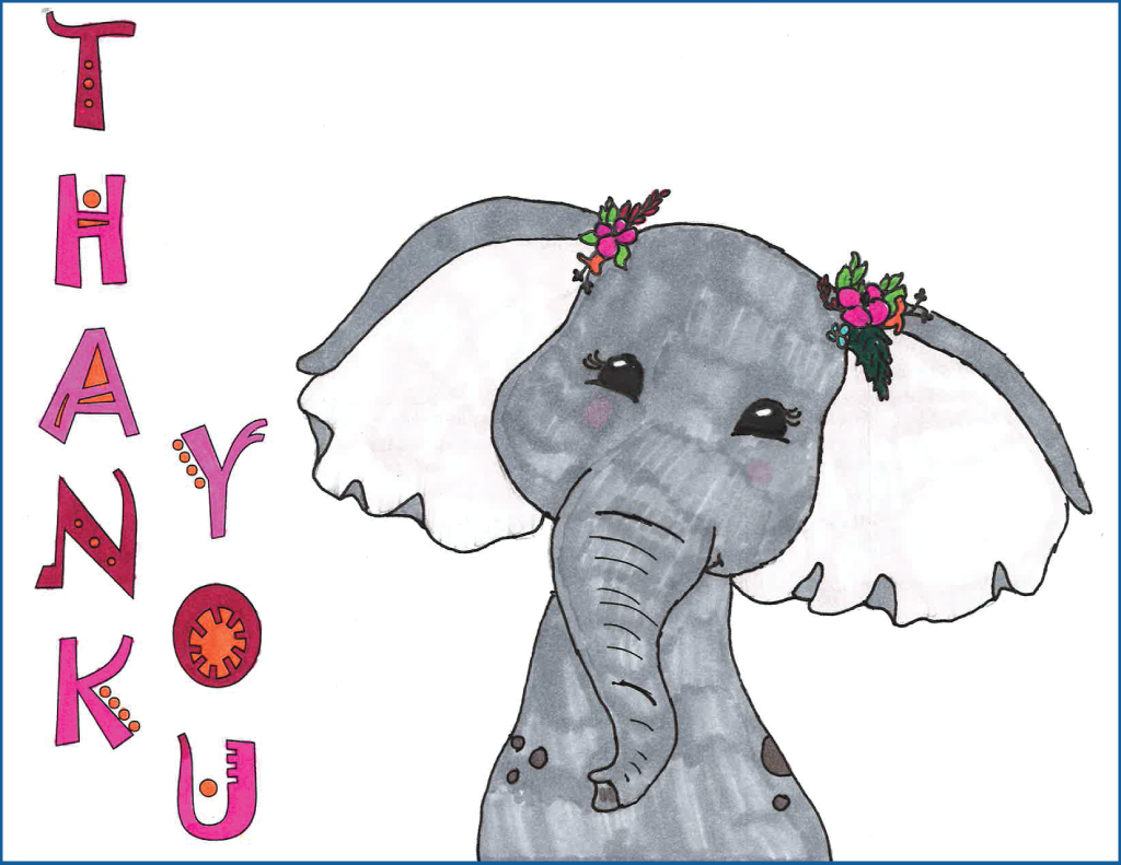 Drawing of an elephant wearing flowers with the text "Thank You"