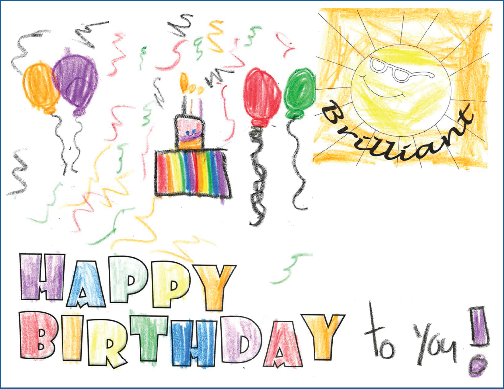 Drawing of a birthday cake with balloons and image of a sun