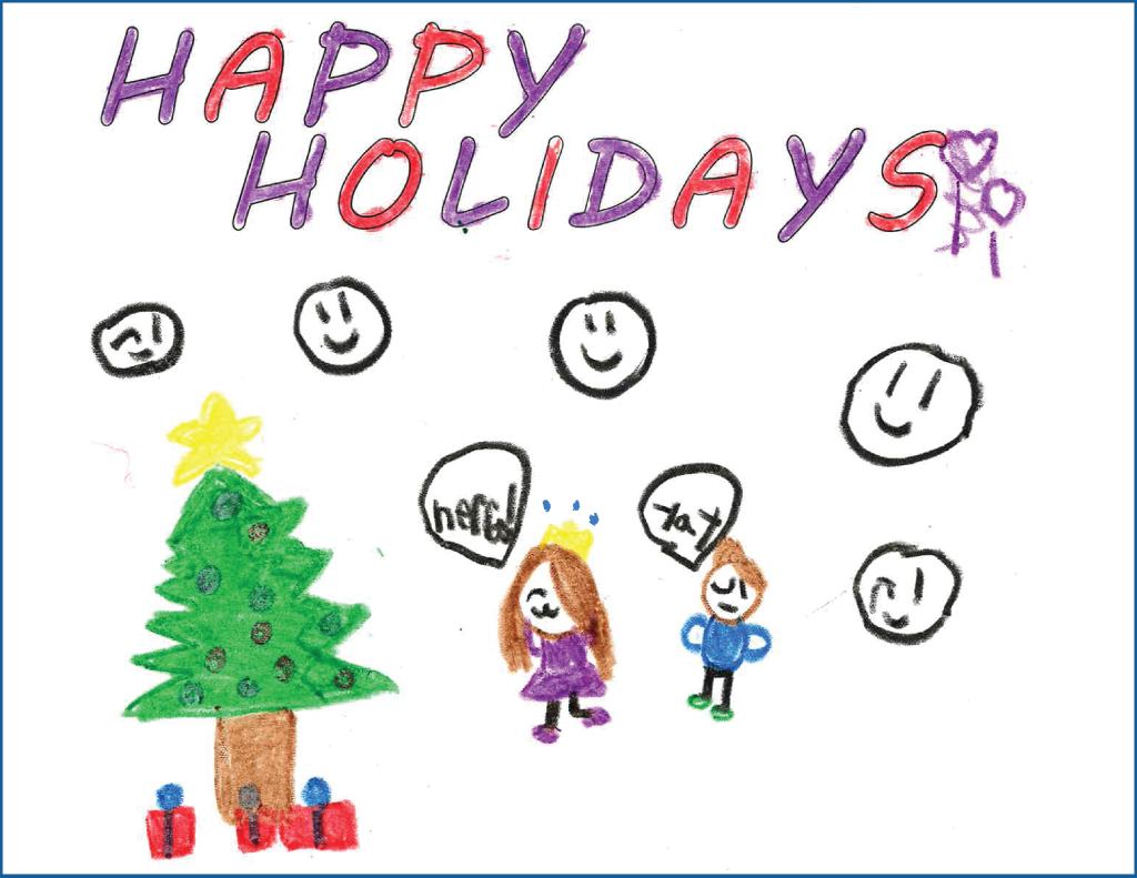 Drawing of a Christmas tree with a little boy and girl 