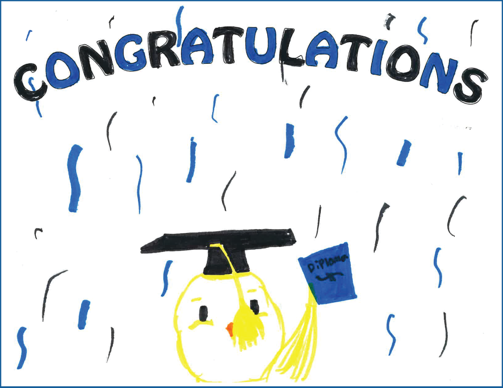 Drawing of a chick wearing a graduation hat and holding a diploma with the text "Congratulations"