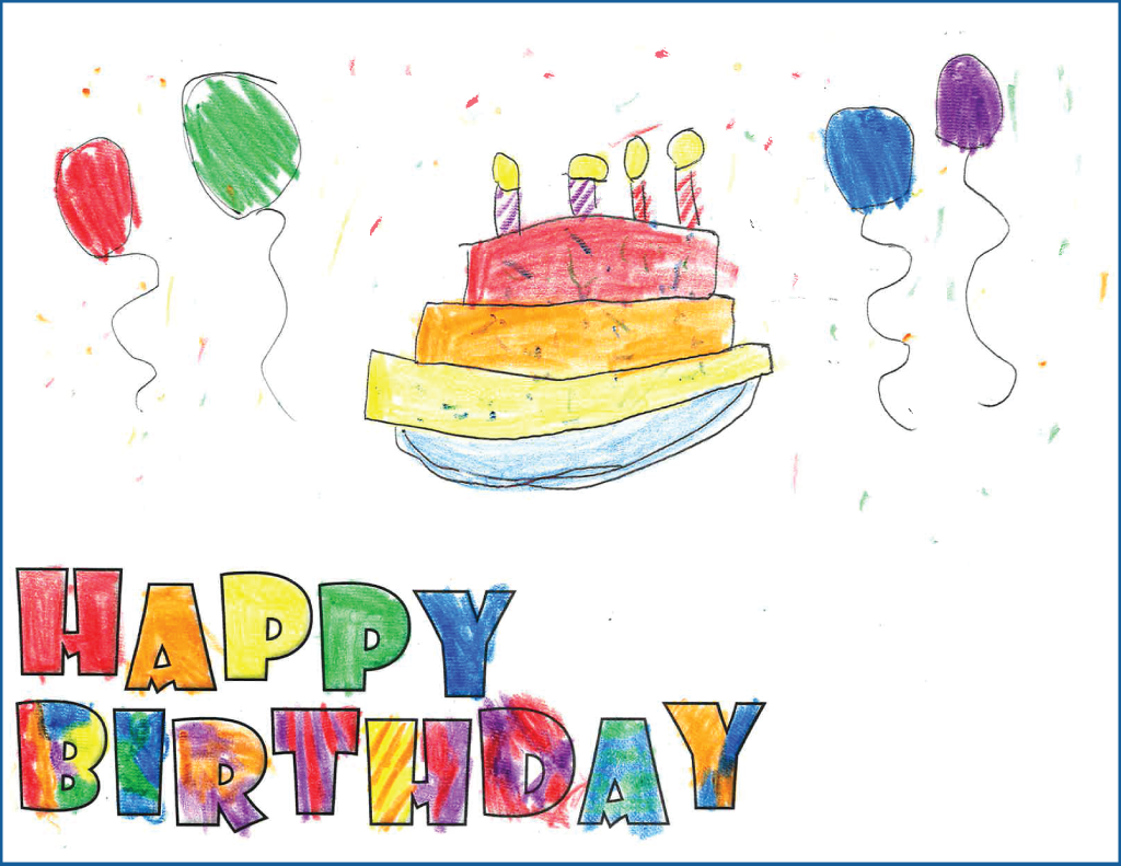 drawing of a birthday cake with candles surrounded by balloons