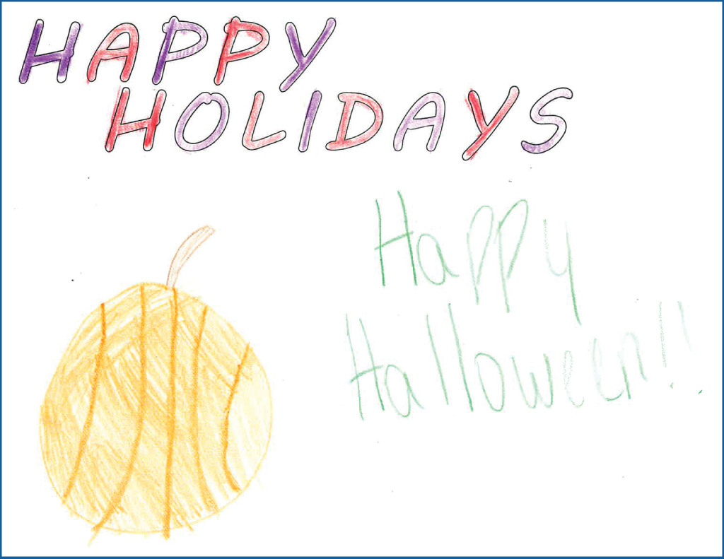 Drawing of a pumpkin and the text, "Happy Halloween"