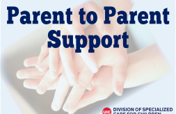 Three hands stacked on top of each other with the text "Parent to Parent Support"