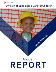 front cover of DSCC's FY 2021 Annual Report featuring a young girl who is Black with hearing aids wearing a construction worker costume