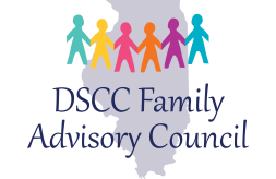 DSCC Family Advisory Council logo showing a colorful chain of stick figures holding hands in front of an outline of the state of Illinois