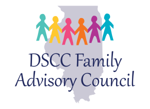 DSCC Family Advisory Council logo showing a colorful chain of stick figures holding hands in front of an outline of the state of Illinois