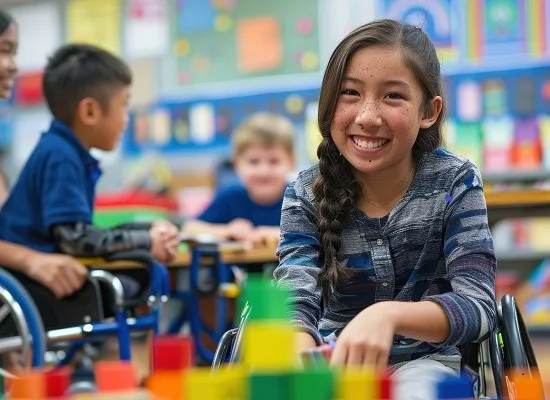 A girl with dark skin sits in a wheelchair and smiles as she plays with blocks inside an inclusive classroom for children with physical and intellectual disabilities.