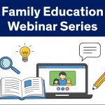 Text "DSCC Family Education Webinar Series" above graphic images of an open textbook, magnifying glass, computer screen, lightbulb, thought bubble and pencil.