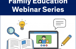 Text "DSCC Family Education Webinar Series" above graphic images of an open textbook, magnifying glass, computer screen, lightbulb, thought bubble and pencil.