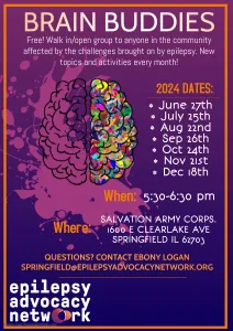 The flyer for the Brain Buddies Support Group in Springfield features a simple drawing of the brain on a multi-colored purple background. You are looking down at the top of the brain. It is separated into into two halves. The right half is just the outline of the brain with the background colors showing through. The right half is filled with specks of bright yellow, green, red, blue, magenta, gold, orange and more.