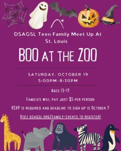 The Boo at the Zoo flyer features a spider web, ghost, bat flying over the St. Louis arch, jack-o-lantern and black witches hat with an orange band across the top. A giraffe, elephant, gorrilla, zebra and penguin roam along the bottom.