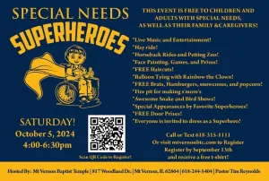 The flyer for the Special Needs Superheroes event at Mount Vernon Baptist Temple on Oct. 5, 2024, from 4 to 6:30 p.m.