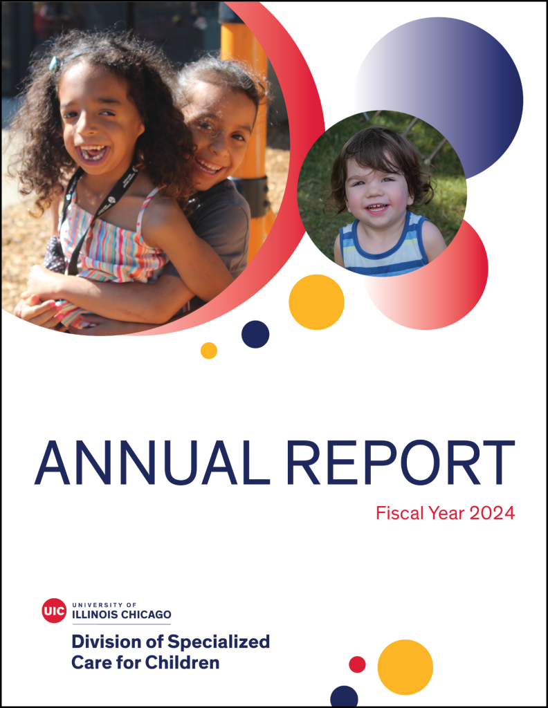 front cover of DSCC's FY 2024 Annual Report that features a photo of two young girls with hearing loss embracing each other and laughing and a photo of a young toddler-age boy smiling while outdoors