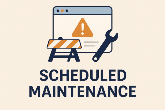 Illustration of a browser window with a warning symbol, a construction barrier and a wrench with the text 'Scheduled Maintenance' below