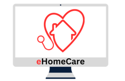 the eHomeCare logo featuring a computer screen with a an illustration of a stethoscope and a heart and a house