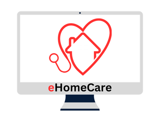 the eHomeCare logo featuring a computer screen with a an illustration of a stethoscope and a heart and a house