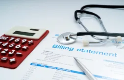Healthcare billing statement with a calculator, stethoscope and pen