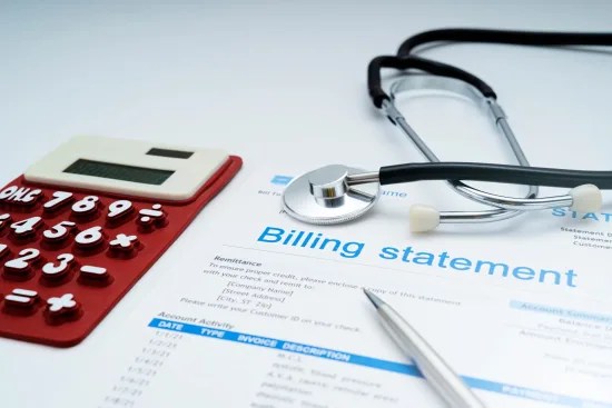 Healthcare billing statement with a calculator, stethoscope and pen