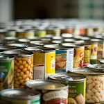 Canned food goods stacked together in multiple rows