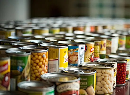 Canned food goods stacked together in multiple rows