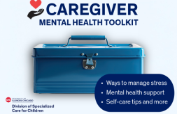 Caregiver Mental Health toolkit graphic featuring a toolbox, a hand holding a heart and the Division of Specialized Care for Children logo